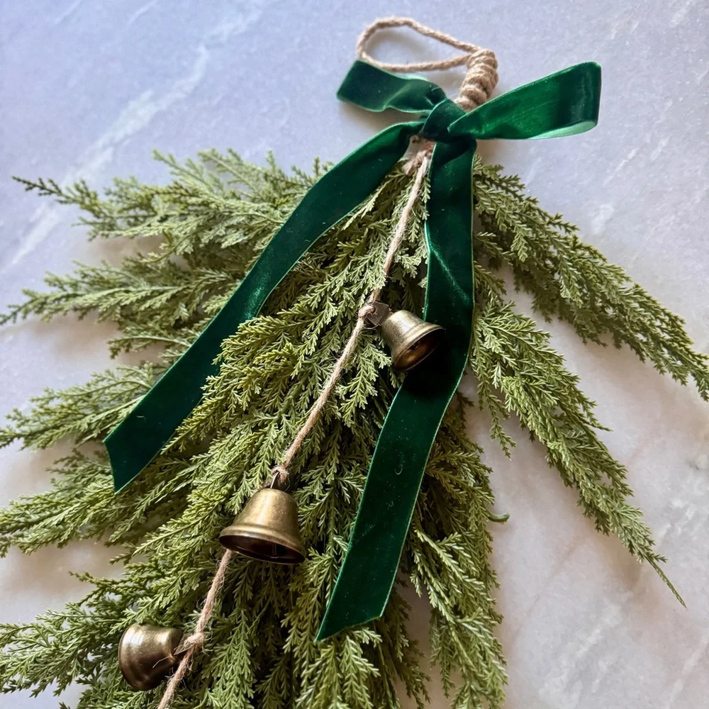 NEW Greenery Cedar Teardrop Holiday Swag with Velvet Ribbon & Bells